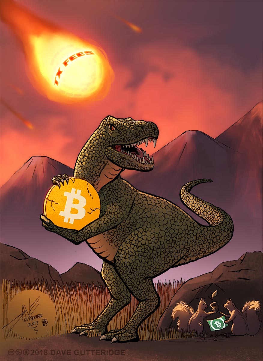 A dinosaur holding onto a bitcoin while a meteor approaches.