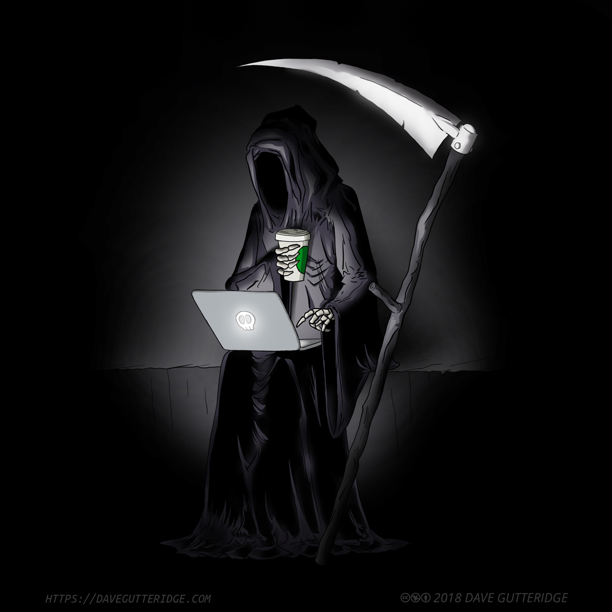 The Grim Reaper having a coffee and looking at his laptop.
