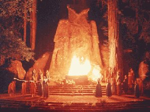 A depiction of a ceremony at Bohemian Grove.