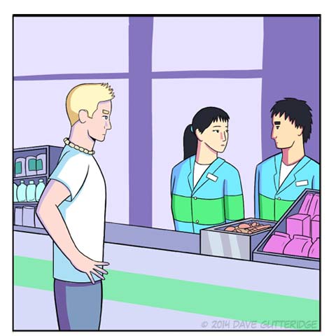 Panel 3 of a comic about my friend at a convenience store in Tokyo.