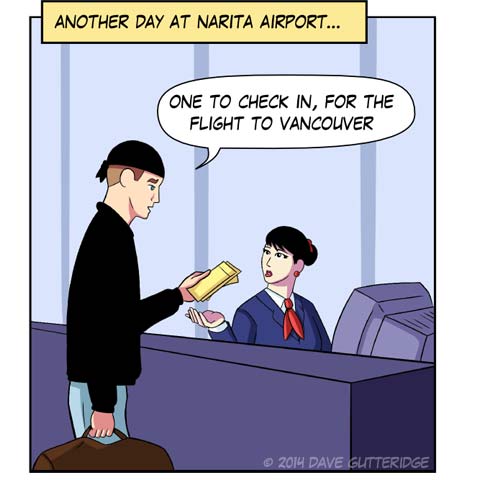 Panel 1 of a comic about checking in for a flight at Narita airport.
