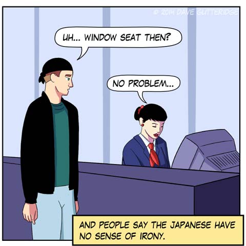 Panel 6 of a comic about checking in for a flight at Narita airport.