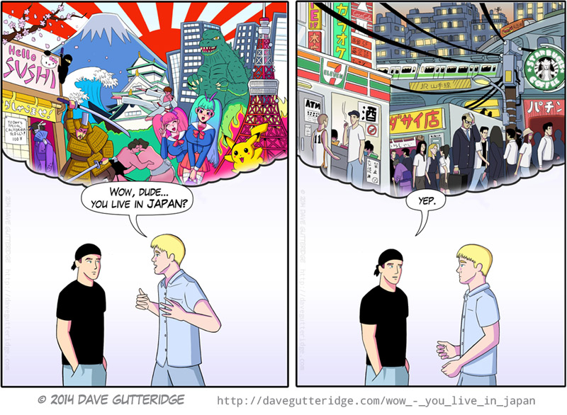A two panel comic showing two different images of Japan, one fantasy, and one real.